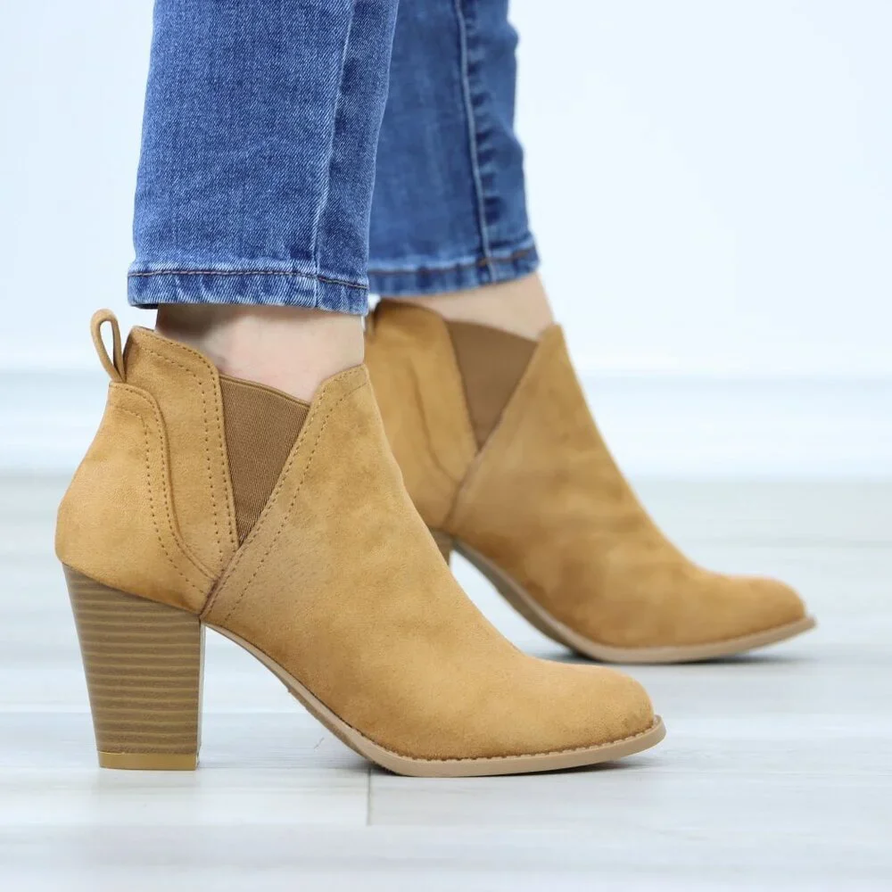 Block High Heeled Ankle Boots Brown Synthetic Suede Chelsea Cone - Picture 3 of 15